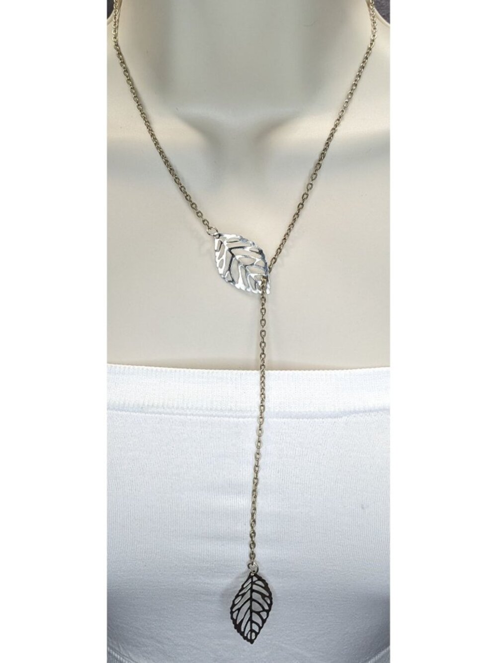 Leaf Charm Lariat Necklace Silver Fairycore Forest Elf Jewelry